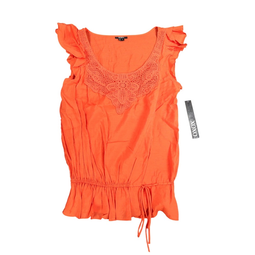 XOXO Blouse Womens L Orange Rayon Crochet Lace Ruffle Cap Sleeve Smocked Top NEW